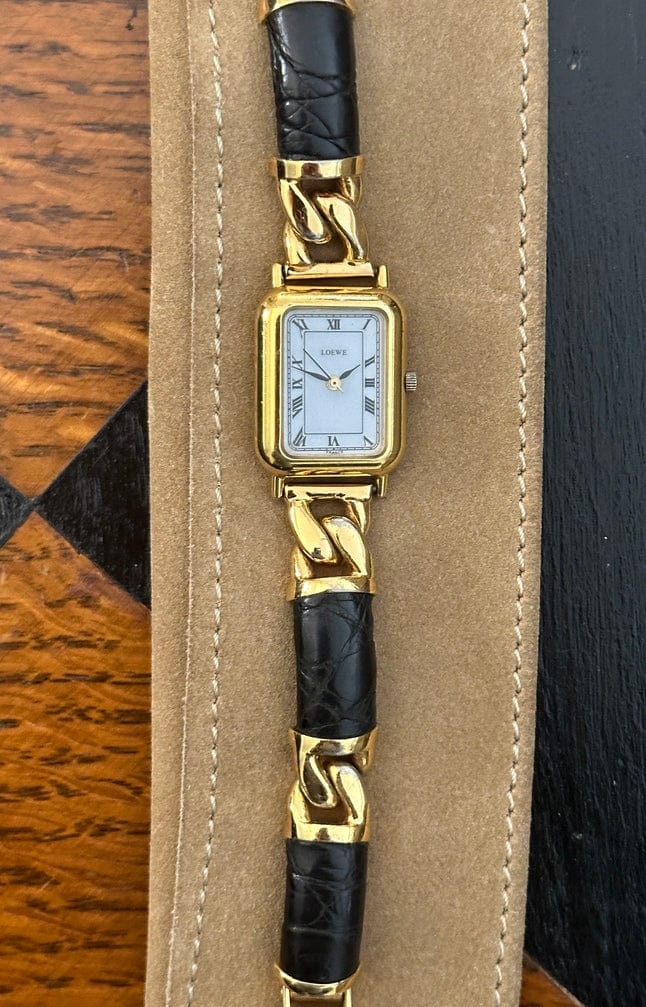 Vintage Loewe Gold Plated Watch With Loewe Suede Pouch