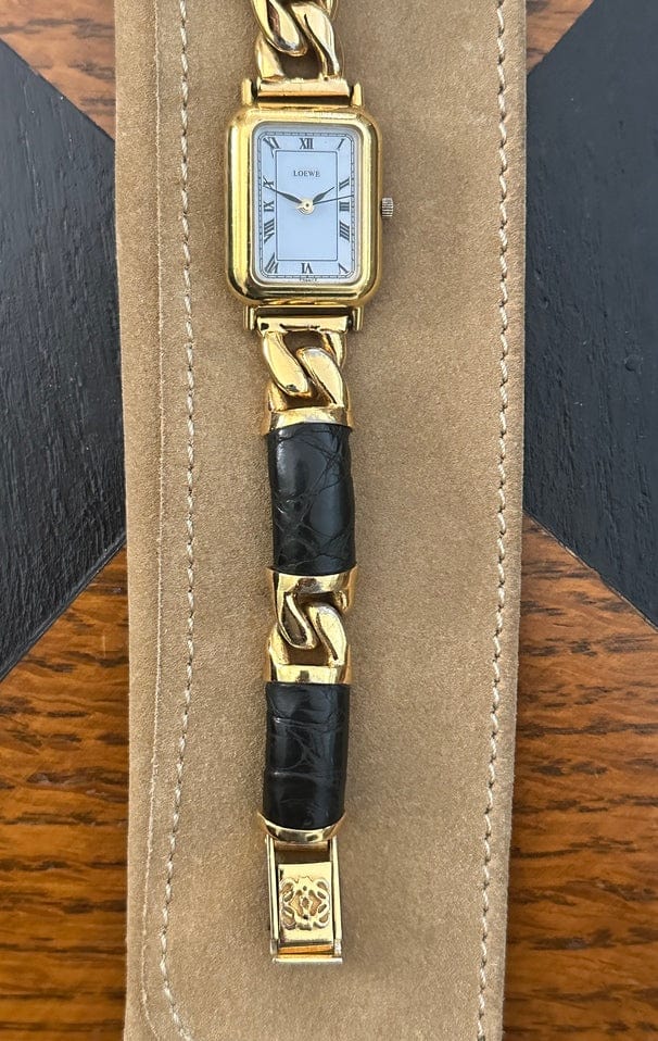 Vintage Loewe Gold Plated Watch With Loewe Suede Pouch