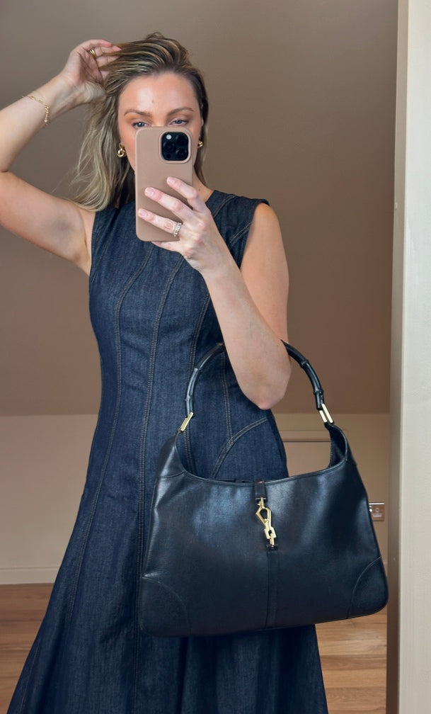 Vintage Black Leather Gucci Jackie Bag With Bamboo Handle