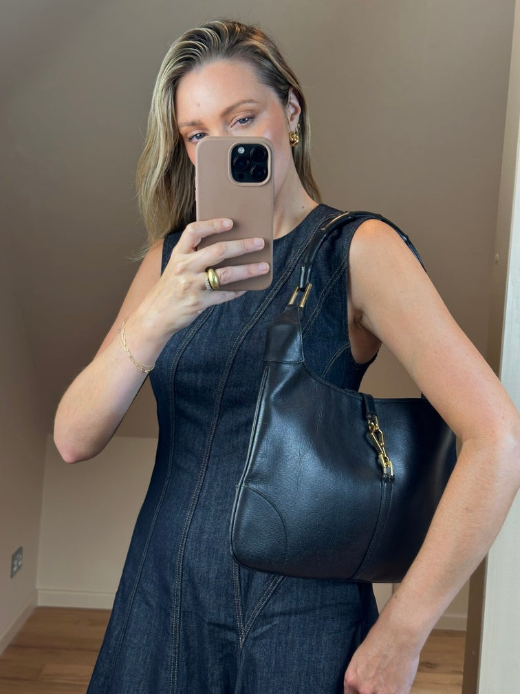 Vintage Black Leather Gucci Jackie Bag With Bamboo Handle