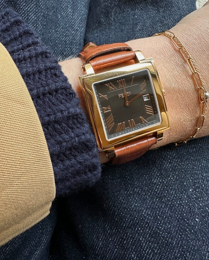 Vintage Fendi Gold Plated Watch with Tan Croc Leather Strap