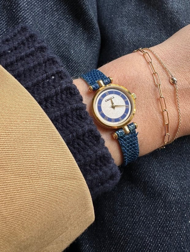 Vintage Gucci Round Gold Plated Watch with a Blue Lizard Leather Strap