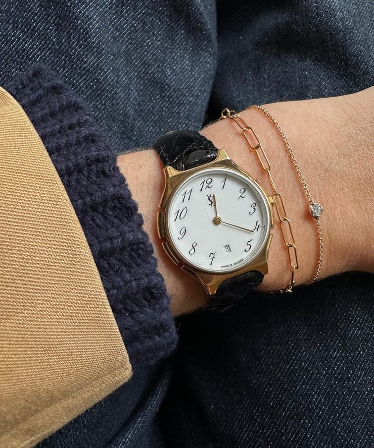 Vintage YSL Gold Plated Watch with Black Croc Leather Strap