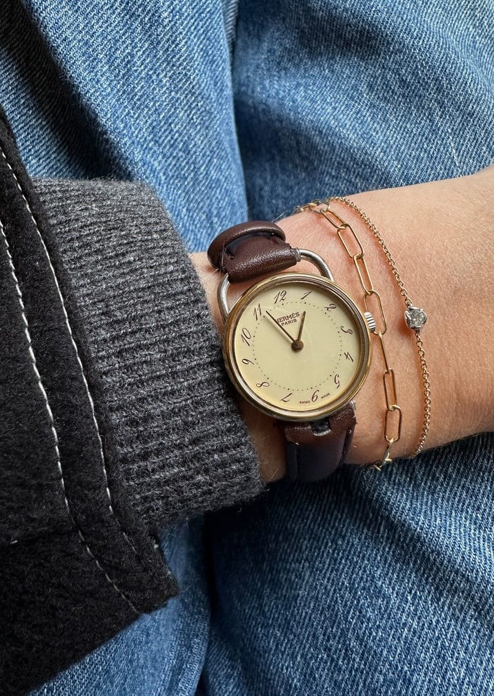 Vintage Hermès Pullman Gold Plated Watch With Brown Leather Strap