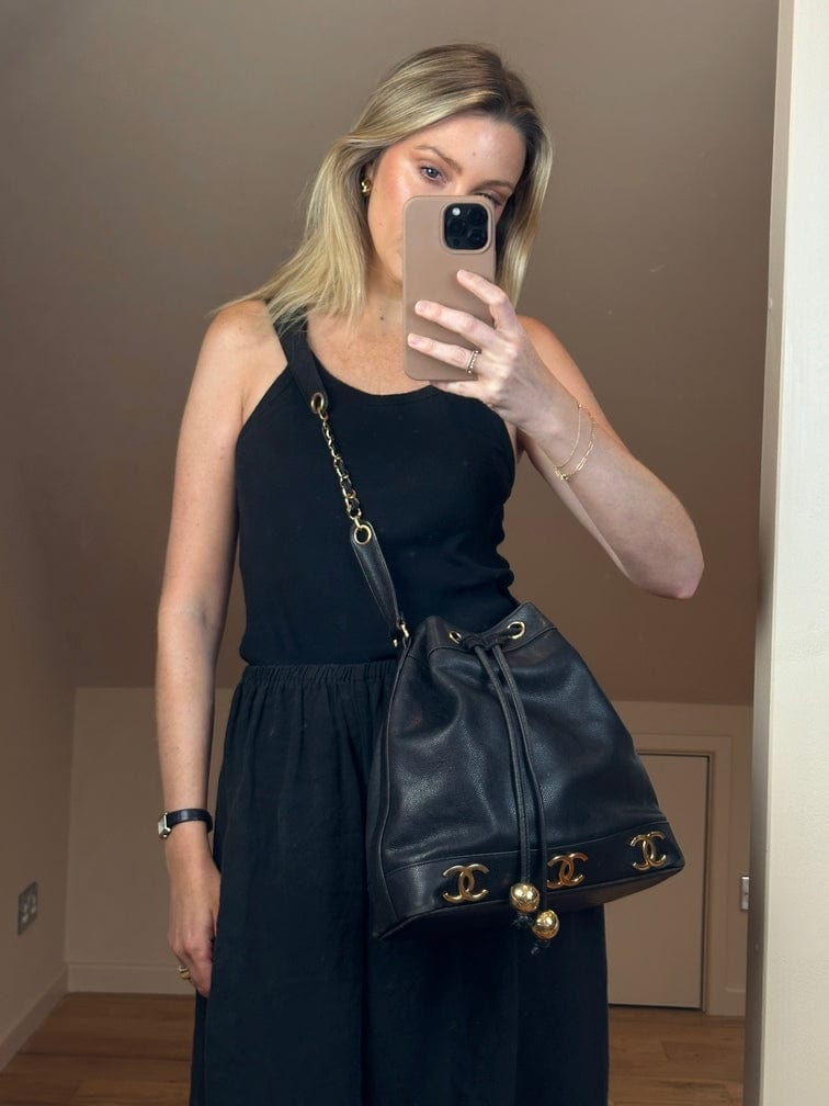 Vintage Chanel Black Caviar Leather Bucket Bag