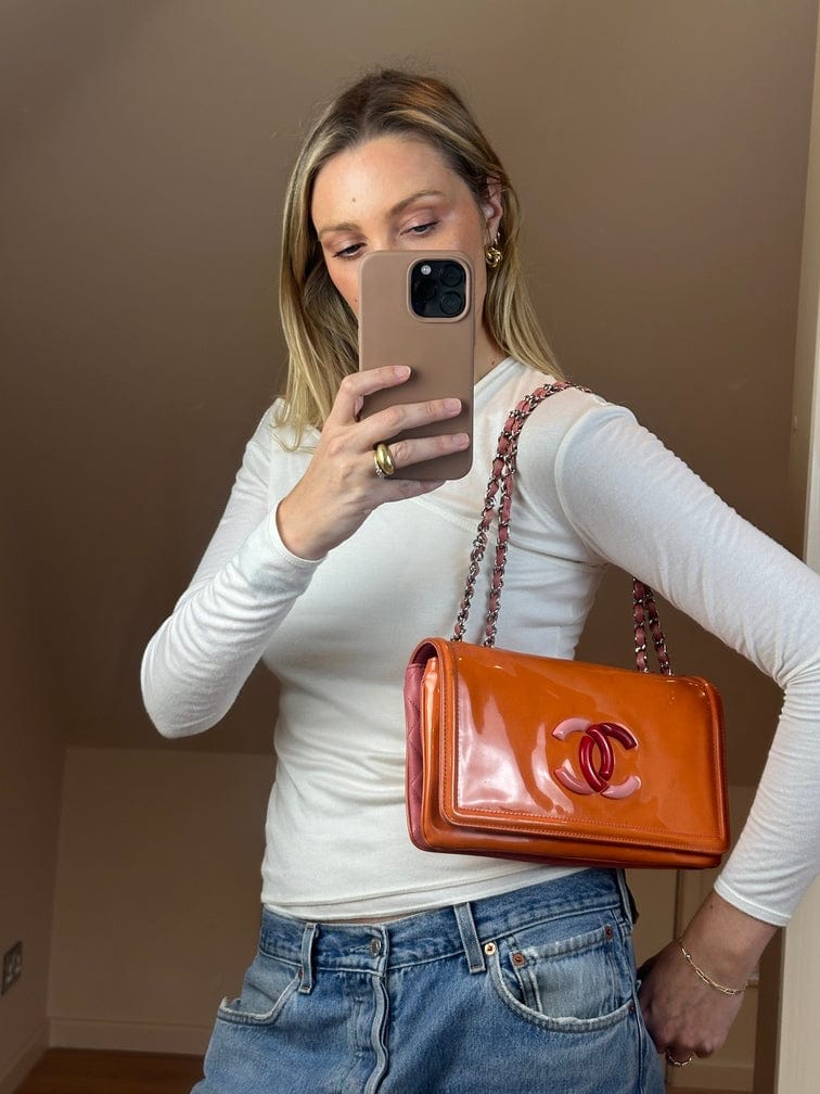 Vintage Chanel Patent Orange and Pink Leather Bag