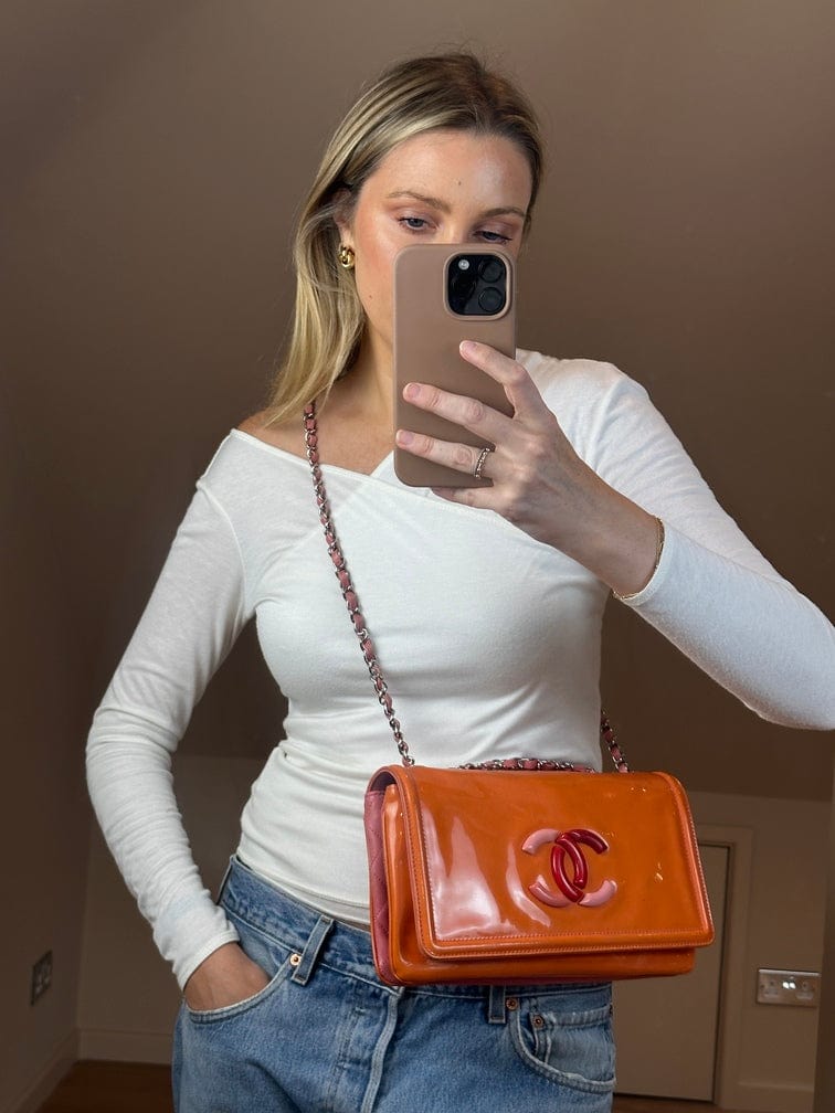 Vintage Chanel Patent Orange and Pink Leather Bag