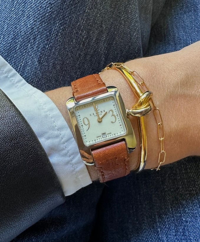 Vintage Celine Silver Plated Watch with Tan Leather Strap