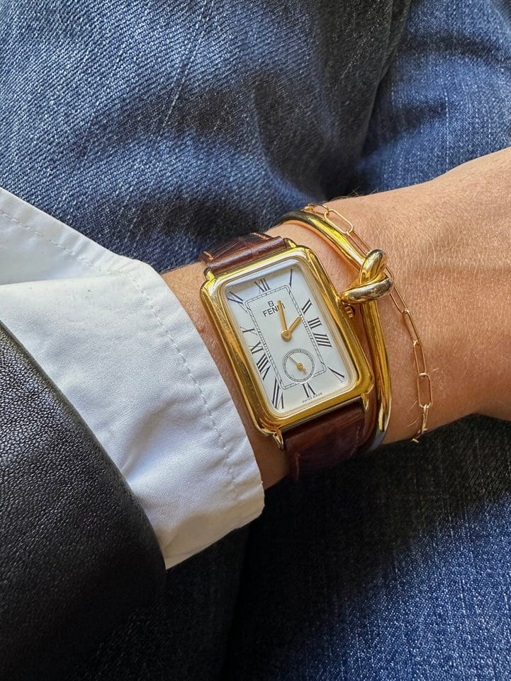 Vintage Fendi Gold Plated Watch with Brown Croc Leather Strap