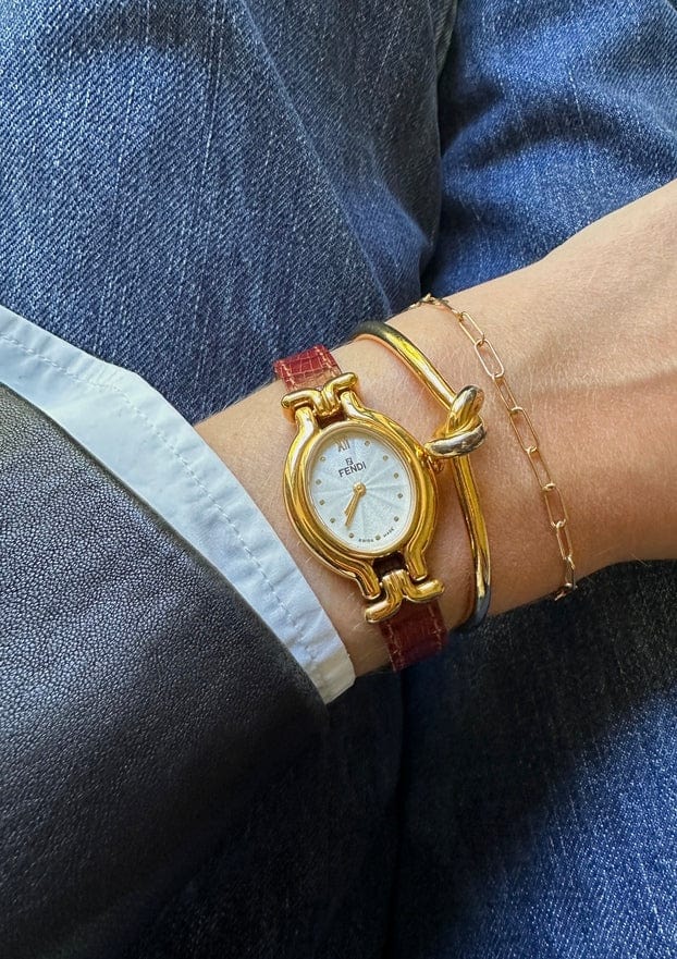 Vintage Fendi Oval Gold Plated Watch with Brown Croc Leather Strap