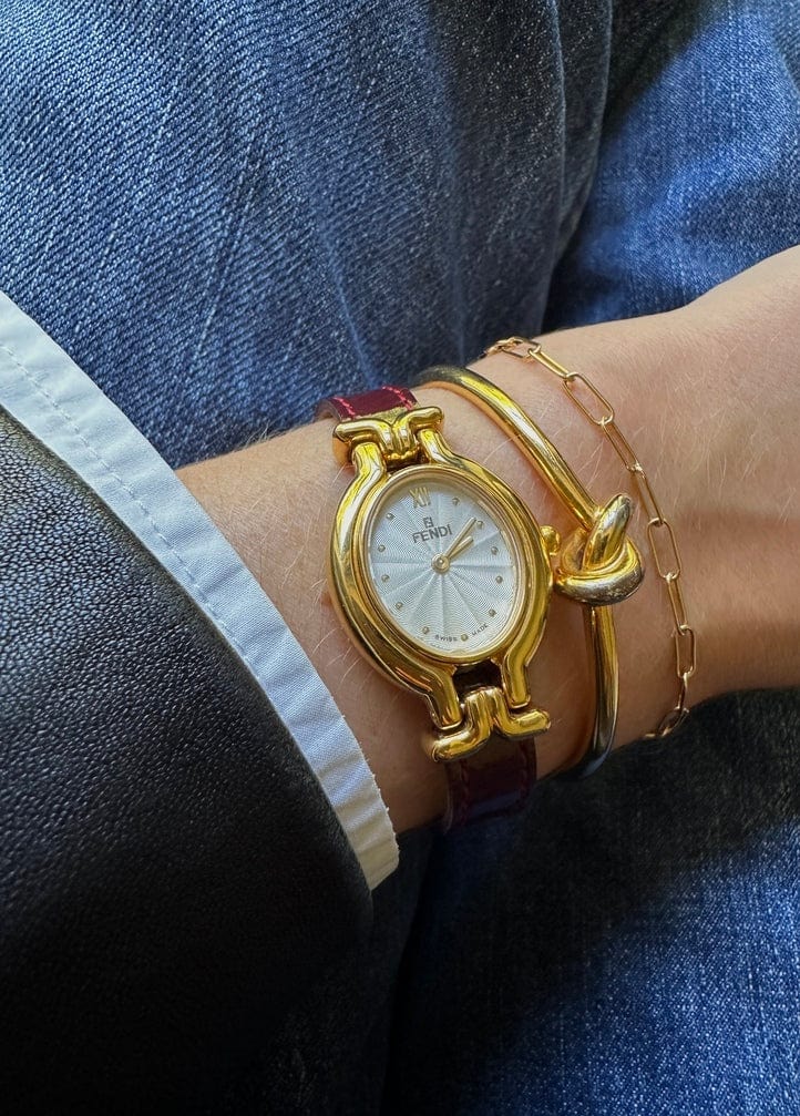 Vintage Fendi Oval Gold Plated Watch with Burgundy Leather Strap