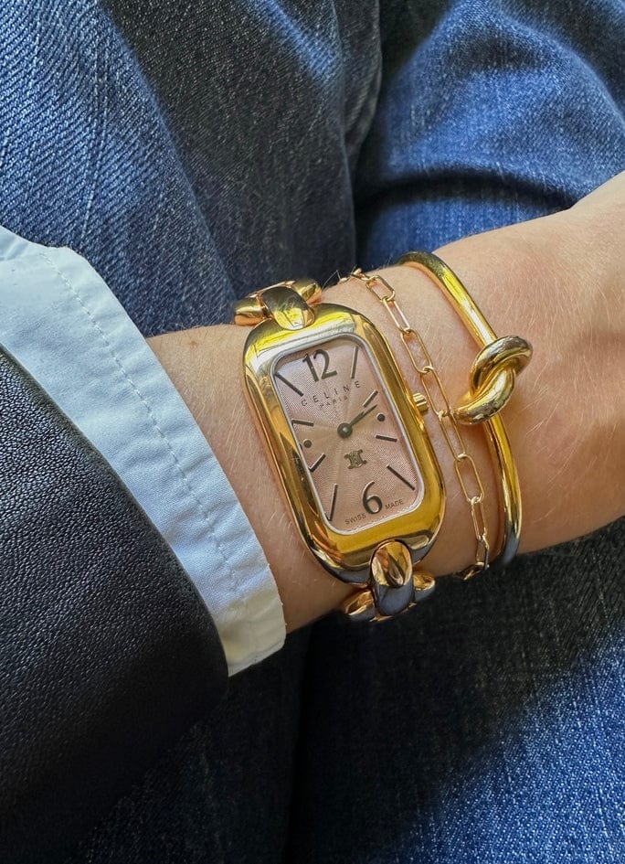 Vintage Celine Gold Plated Watch with Pink Dial