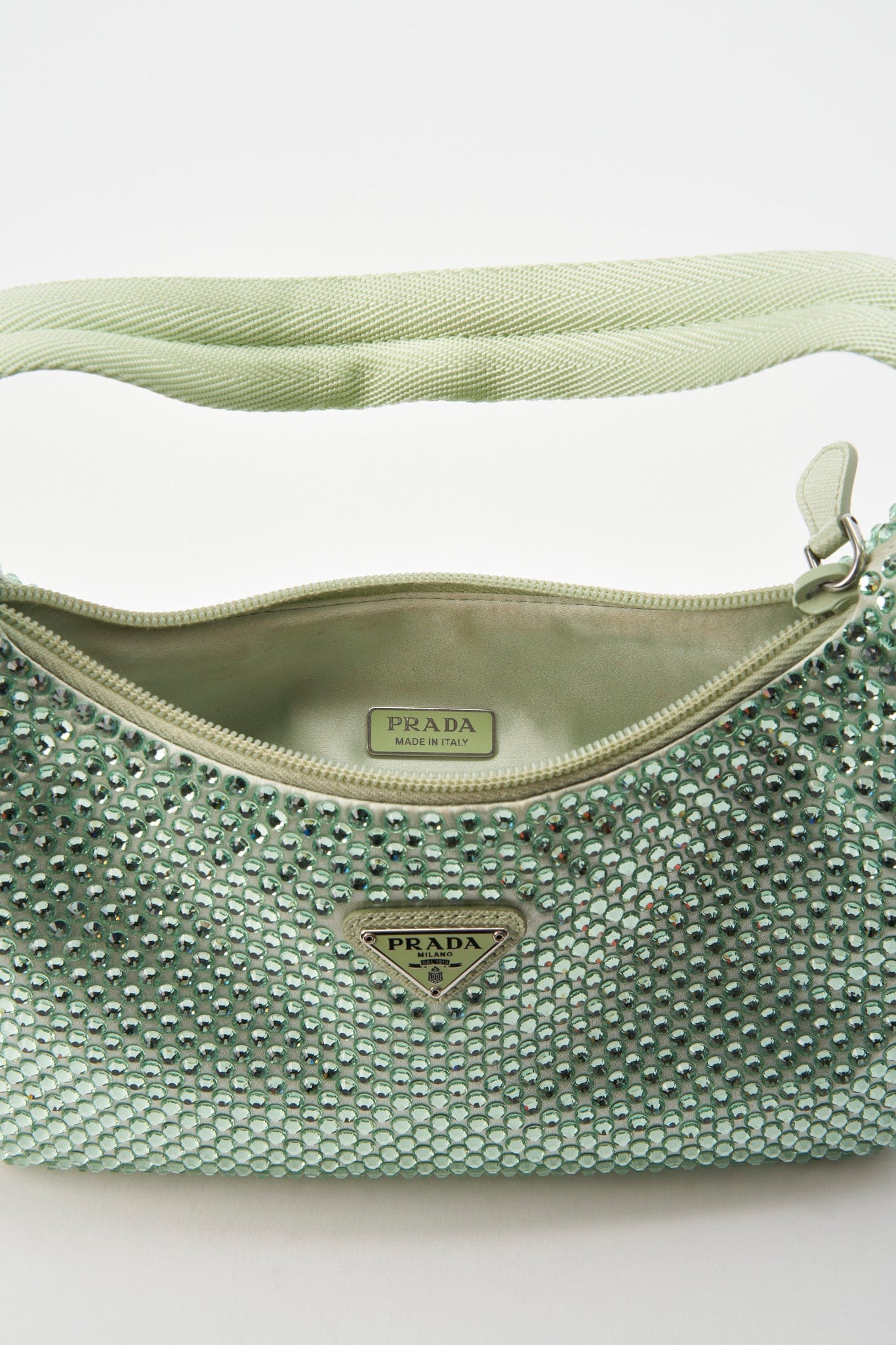 Prada Re-Edition 2000 Satin Green Mini Bag With Crystals