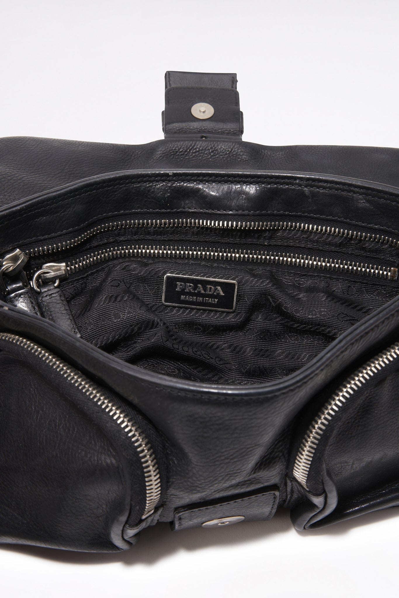 Vintage Prada Black Leather Bag with Webbing Strap