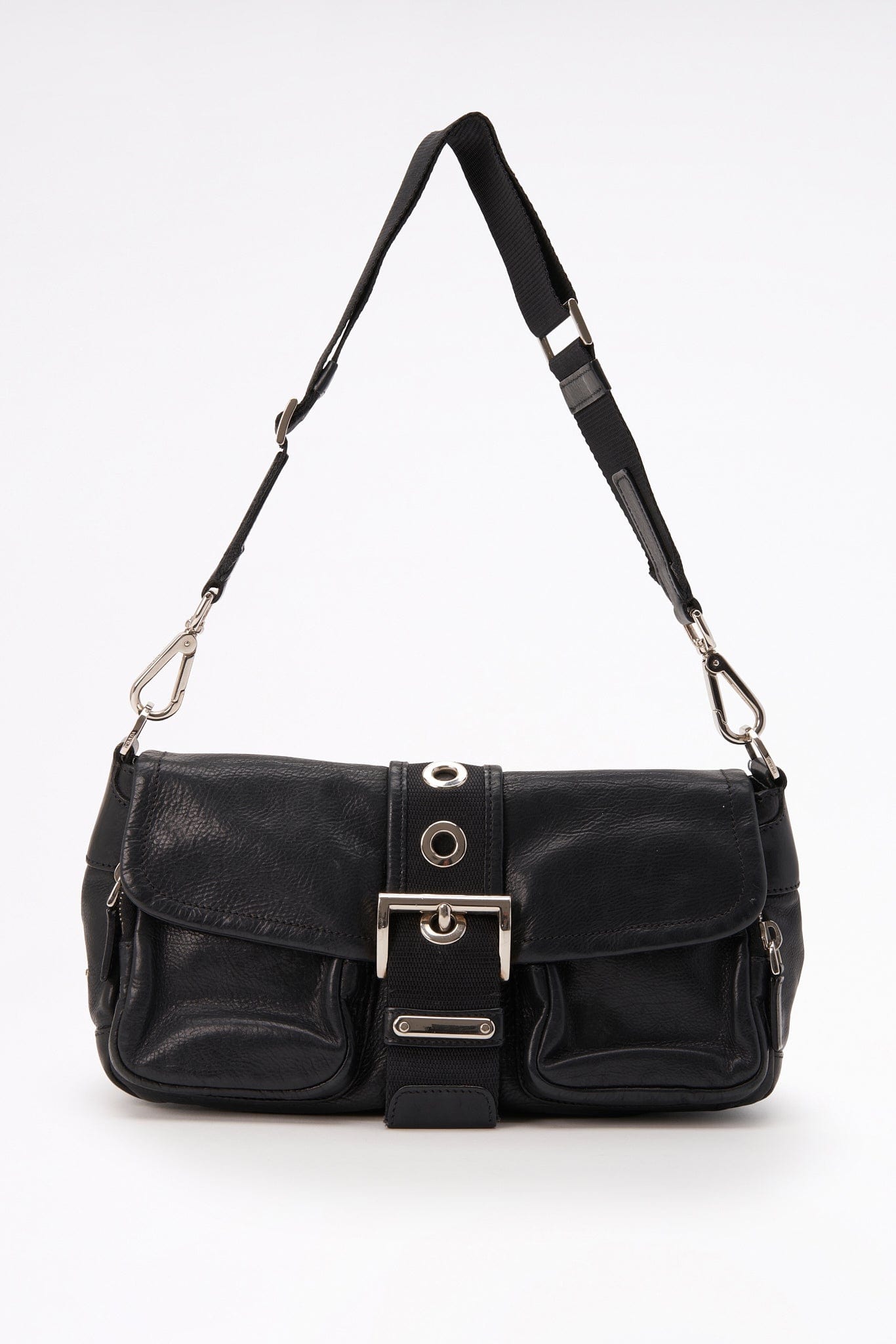 Vintage Prada Black Leather Bag with Webbing Strap