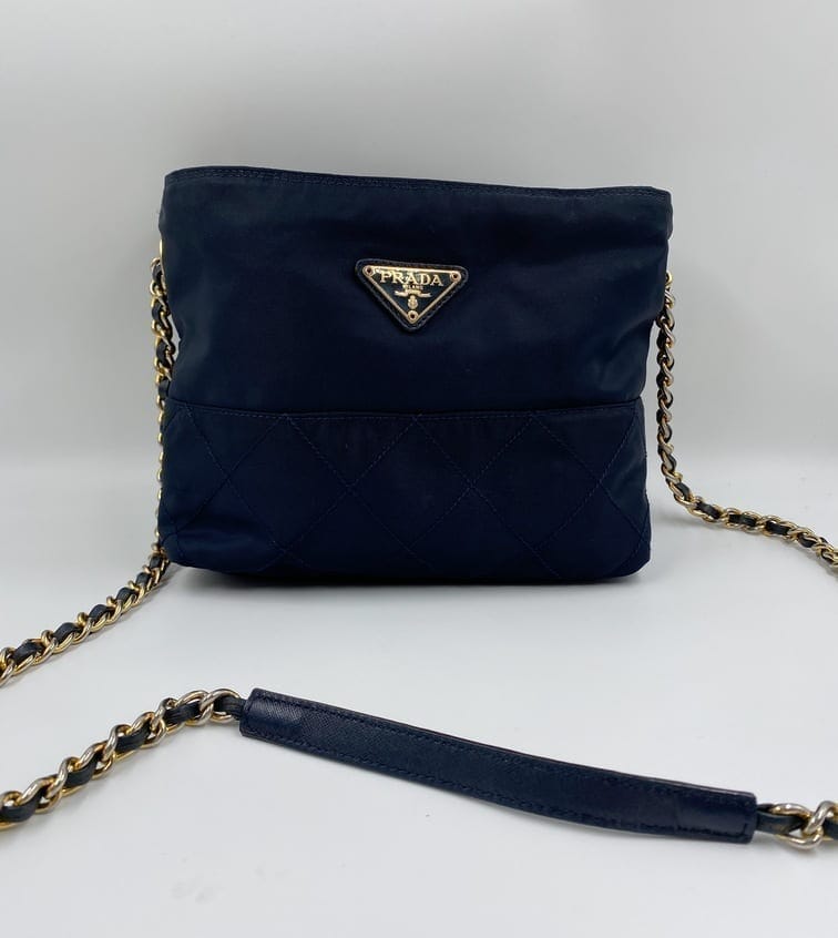 Prada Blue Leather Clutch Added Chain Strap Shoulder/handbag 