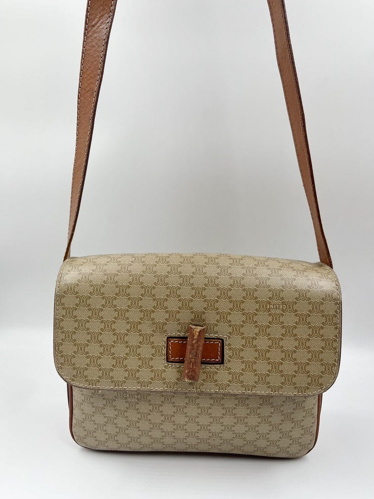 Authentic Celine Tan Triomphe Canvas and Leather Chain Crossbody