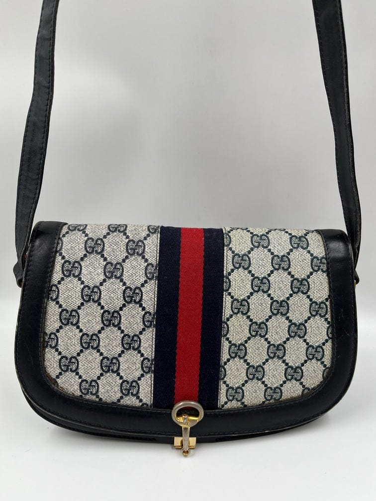 Gucci Black Leather and Logo Canvas Cross Body Handbag 1980s